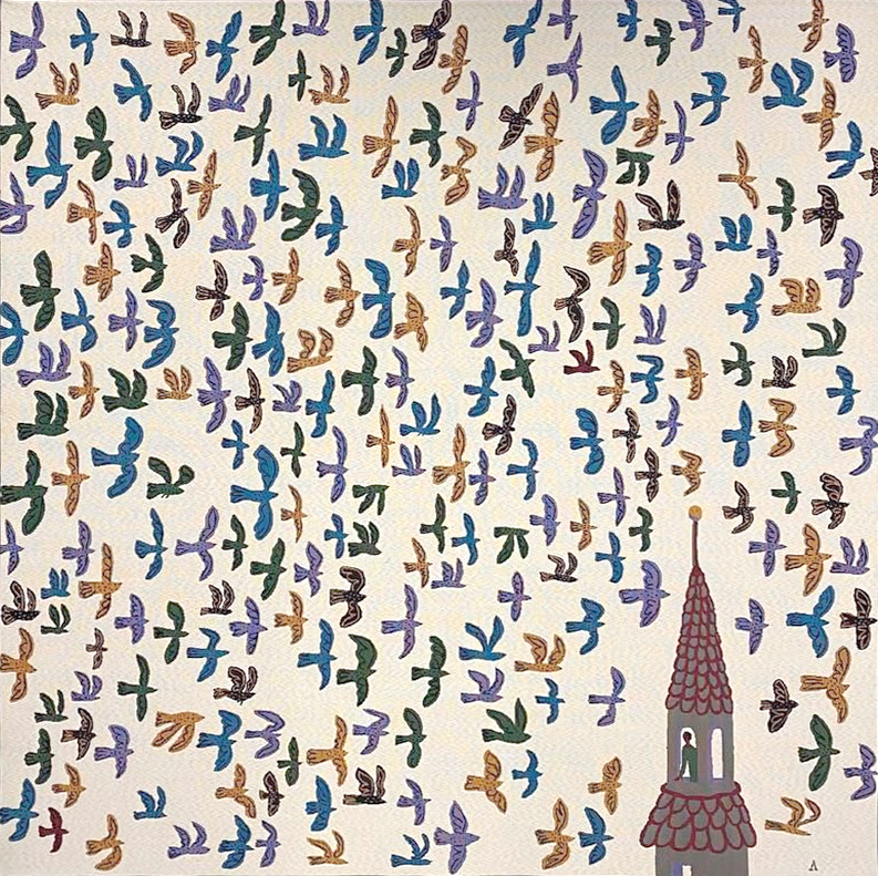 Птицы с башней (с желтыми птицами) 150х147см) 
